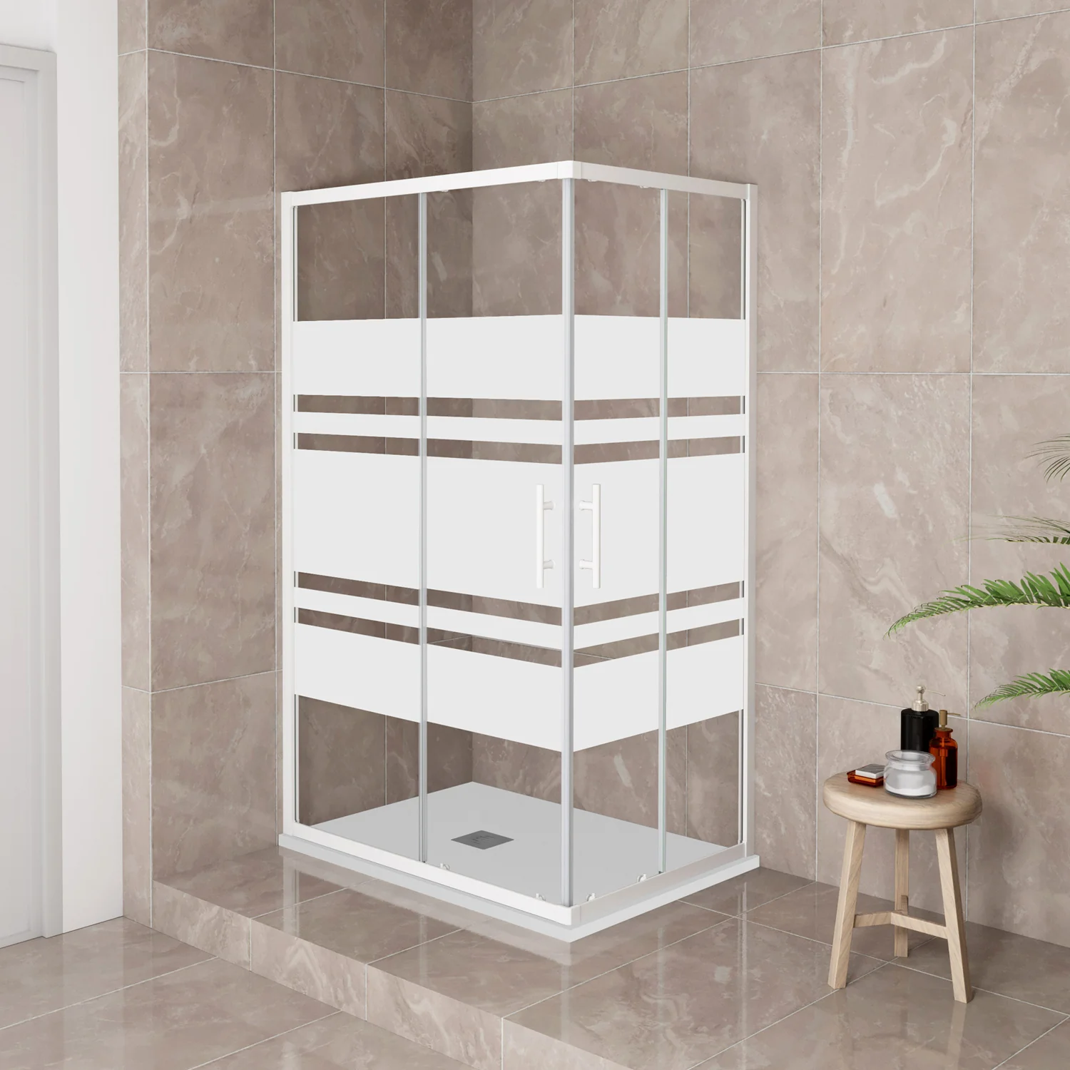 185 cm Box Doccia Angolare 70-80-90-100x70-80-90-100 cm Porte Scorrevoli Vetro Temperato 5 mm Anticalcare Fascie in Serigrafato Telaio Bianco Opaco