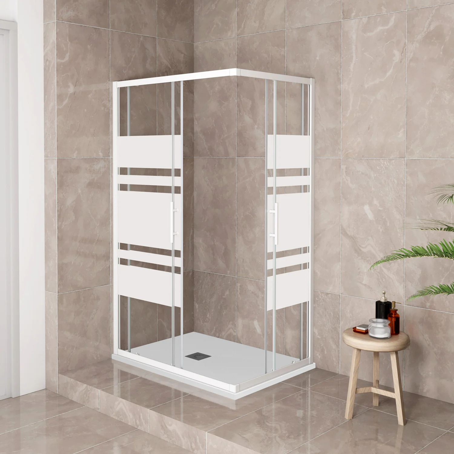 185 cm Box Doccia Angolare 70-80-90-100x70-80-90-100 cm Porte Scorrevoli Vetro Temperato 5 mm Anticalcare Fascie in Serigrafato Telaio Bianco Opaco - Image 2