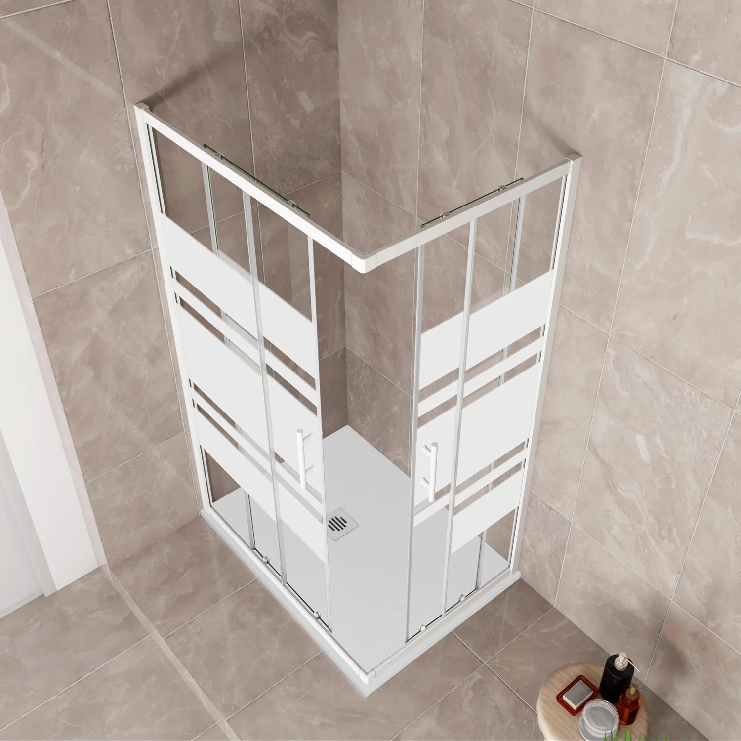 185 cm Box Doccia Angolare 70-80-90-100x70-80-90-100 cm Porte Scorrevoli Vetro Temperato 5 mm Anticalcare Fascie in Serigrafato Telaio Bianco Opaco - Image 3