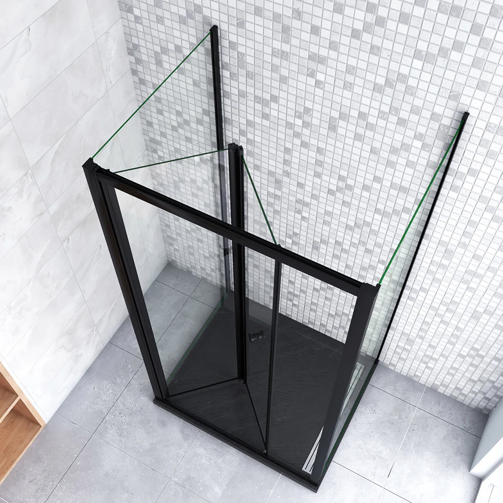 185cm Box Doccia a Tre Lati Porta a Soffietto con Doppia Parete Fissa in Vetro Temperato Trasparente 5mm Profilo Nero Opaco - Image 2