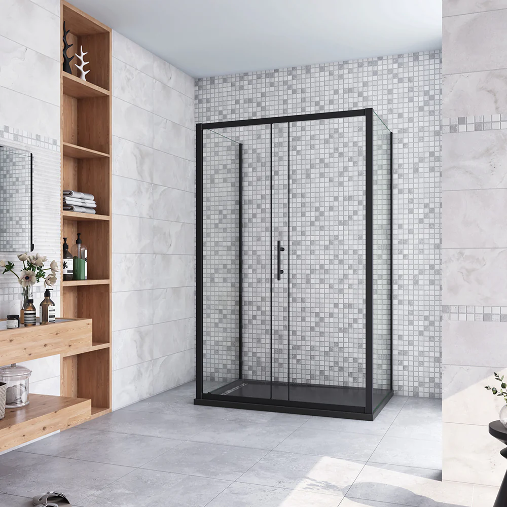 185cm Box Doccia a Tre Lati Porta Scorrevole con Doppia Parete Fissa Vetro Temperato 5 mm Trasparente Profilo Nero Opaco - Image 2