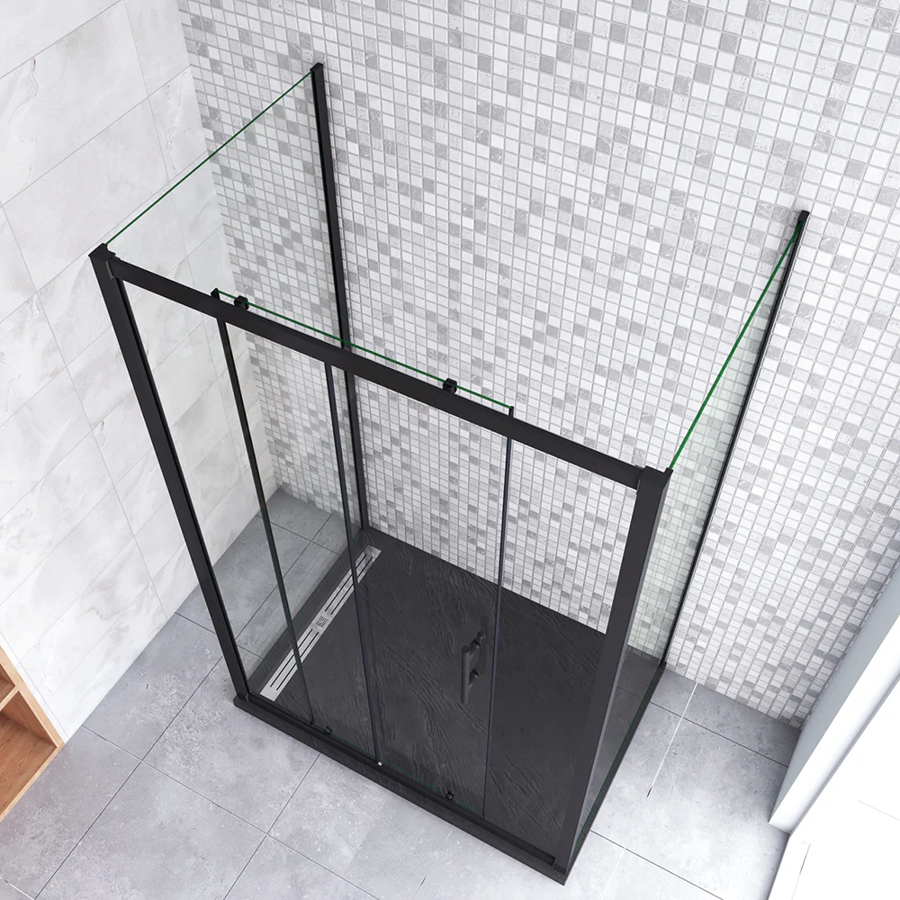 185cm Box Doccia a Tre Lati Porta Scorrevole con Doppia Parete Fissa Vetro Temperato 5 mm Trasparente Profilo Nero Opaco - Image 3