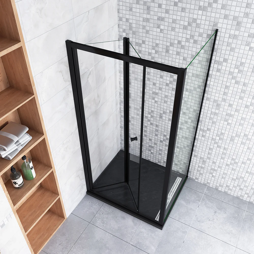 185cm Box Doccia Angolare Porta a Soffietto con Parete Fissa in Vetro Temperato Trasparente 5 mm Profilo Nero Opaco - Image 2