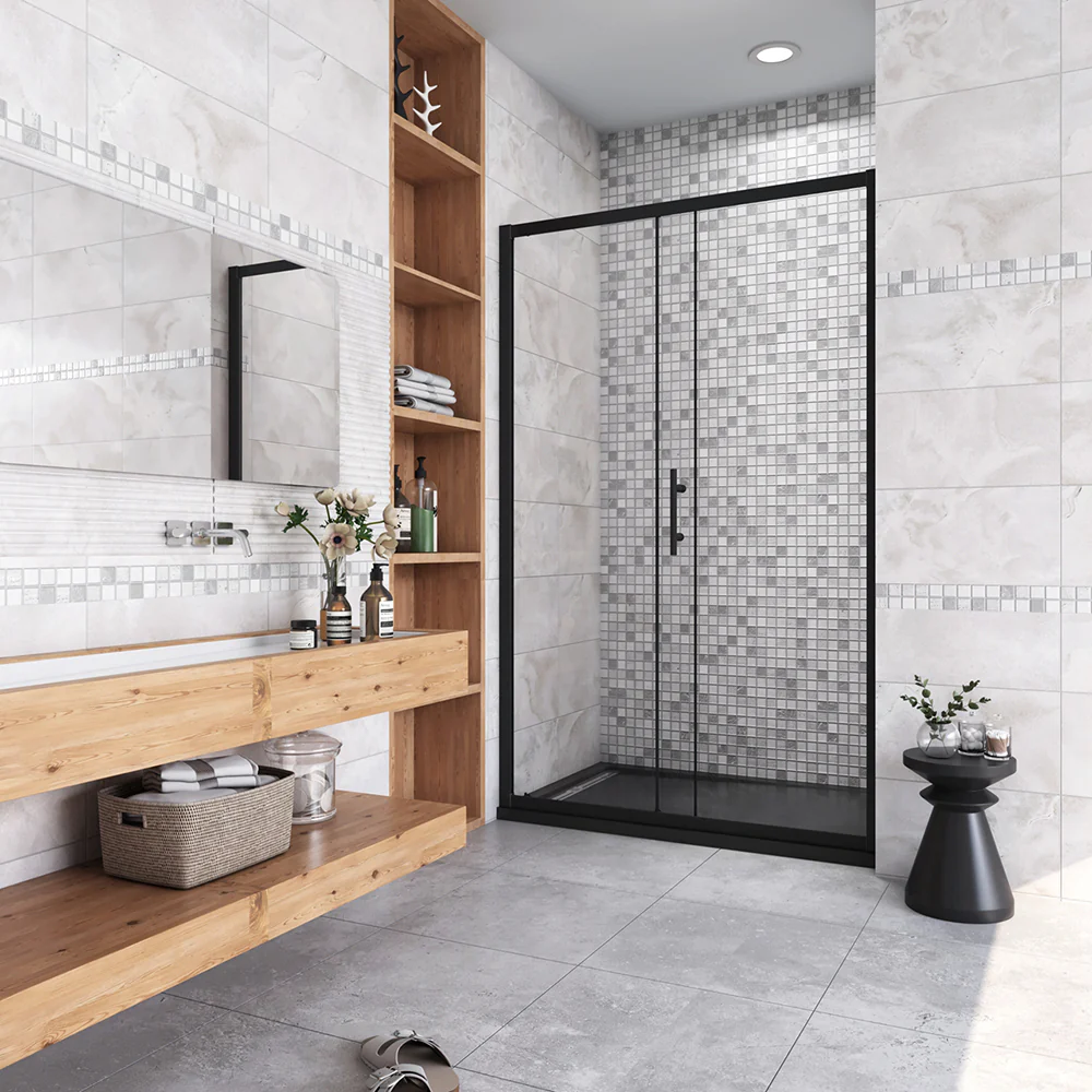 185cm Box Doccia Per Nicchia Porta Scorrevole Ingresso Laterale in Vetro 5mm Temperato Trasparente Profilo Nero Opaco - Image 2
