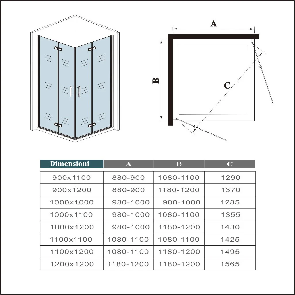 190cm Box Doccia Angolare Doppia Porta Battente Pieghevole in Vetro Temperato Trasparente 5mm Anticalcare Telaio Nero Opaco - Image 8
