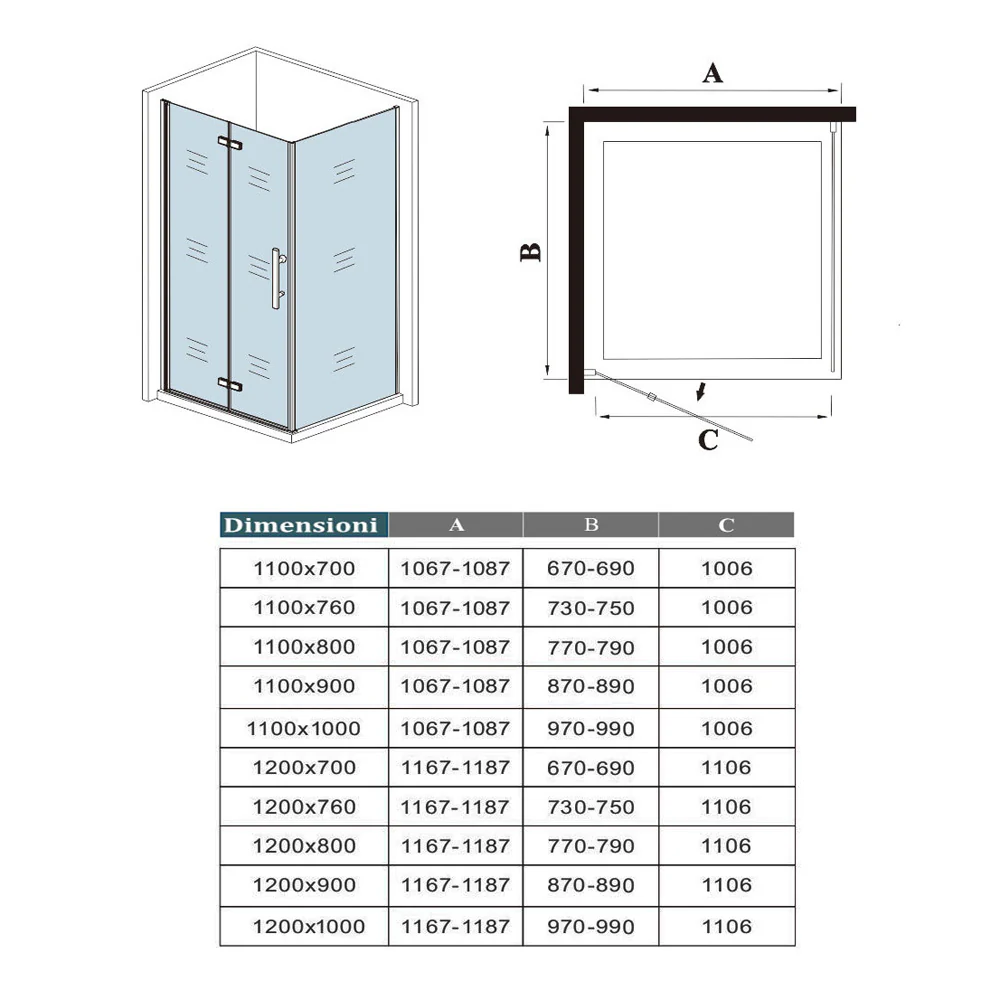 190cm Box Doccia Angolare Porta Battente Pieghevole con Parete Fissa in Vetro Temperato 5mm Anticalcare Barra Stabilizzatrice da 90cm Nera Opaca - Image 9
