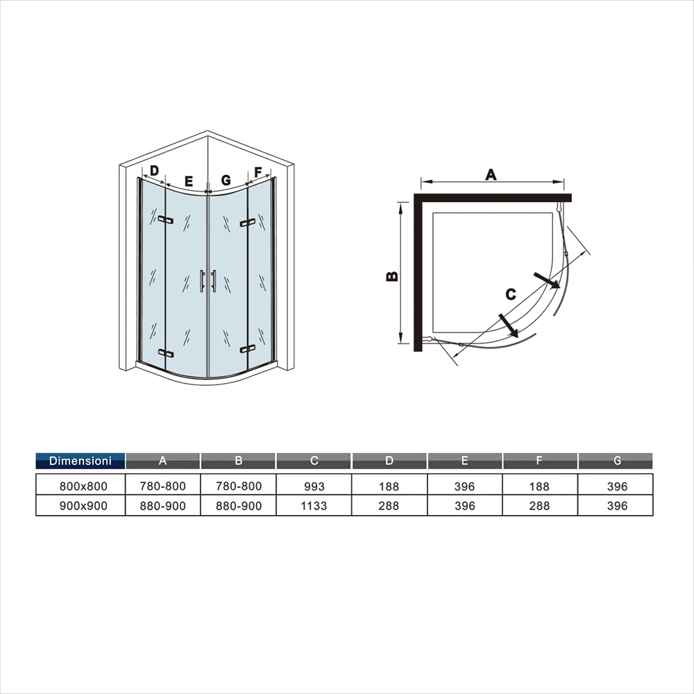 195 cm Box Doccia Semicircolare Porte Battenti e Ante Pieghevoli in Vetro Temperato 6mm Anticalcare Trasparente Profilo Cromo Lucido - Image 10