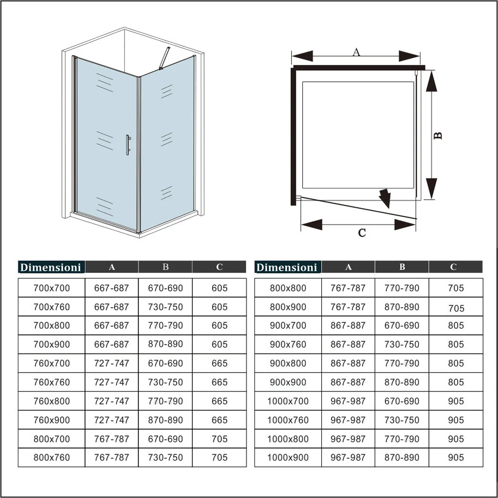 195cm Box Doccia Angolare Porta Battente con Parete Fissa con Barra Stabilizzatrice in Vetro Temperato Satinato Opaco 6mm Anticalcare Cromo Lucido - Image 9