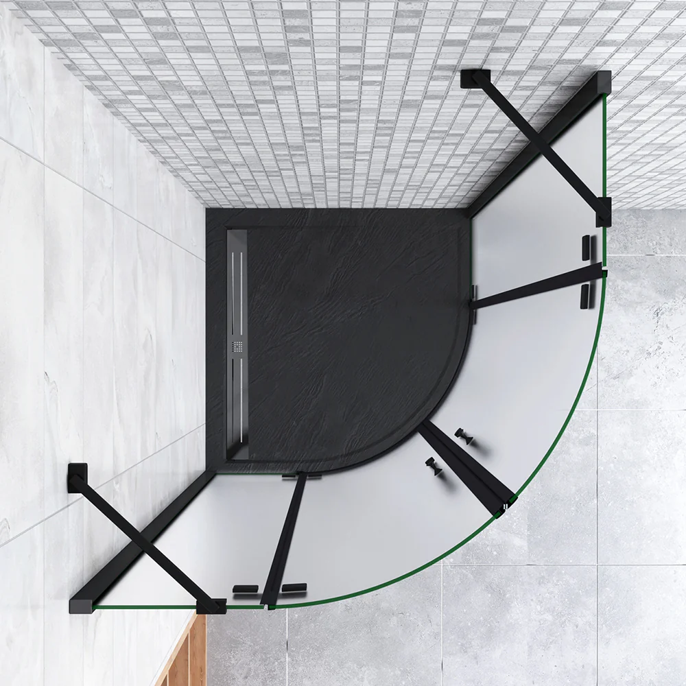 195cm Box Doccia Semicircolare Apertura Battente Vetro 6mm Temperato Satinato Anticalcare con 2 Barre Stabilizzatrici Telai in Nero Opaco - Image 5