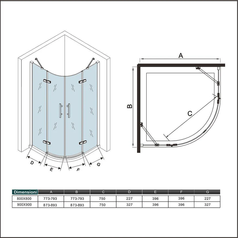 195cm Box Doccia Semicircolare Apertura Battente Vetro 6mm Temperato Satinato Anticalcare con 2 Barre Stabilizzatrici Telai in Nero Opaco - Image 6