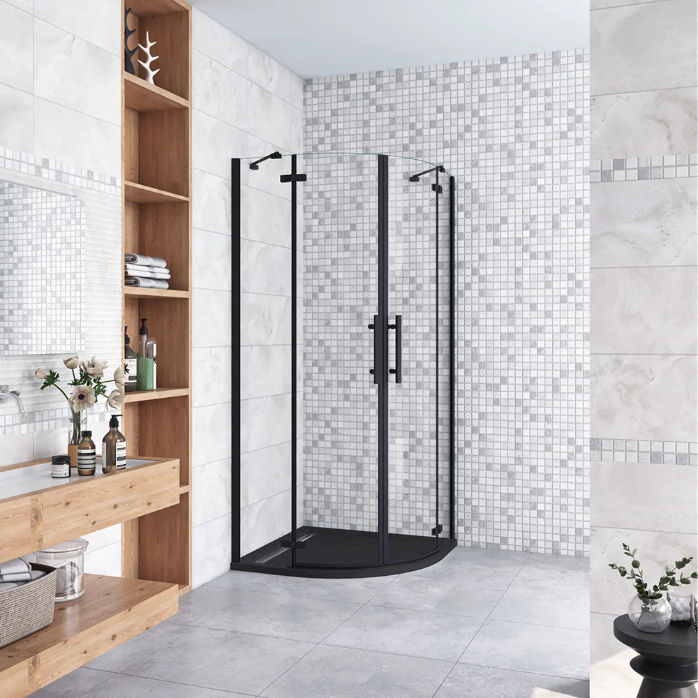 195cm Box Doccia Semicircolare Doppia Porta Battente Vetro 6mm Temperato Trasparente Easyclean, Barra Stabilizzatrice e Telai in Nero Opaco