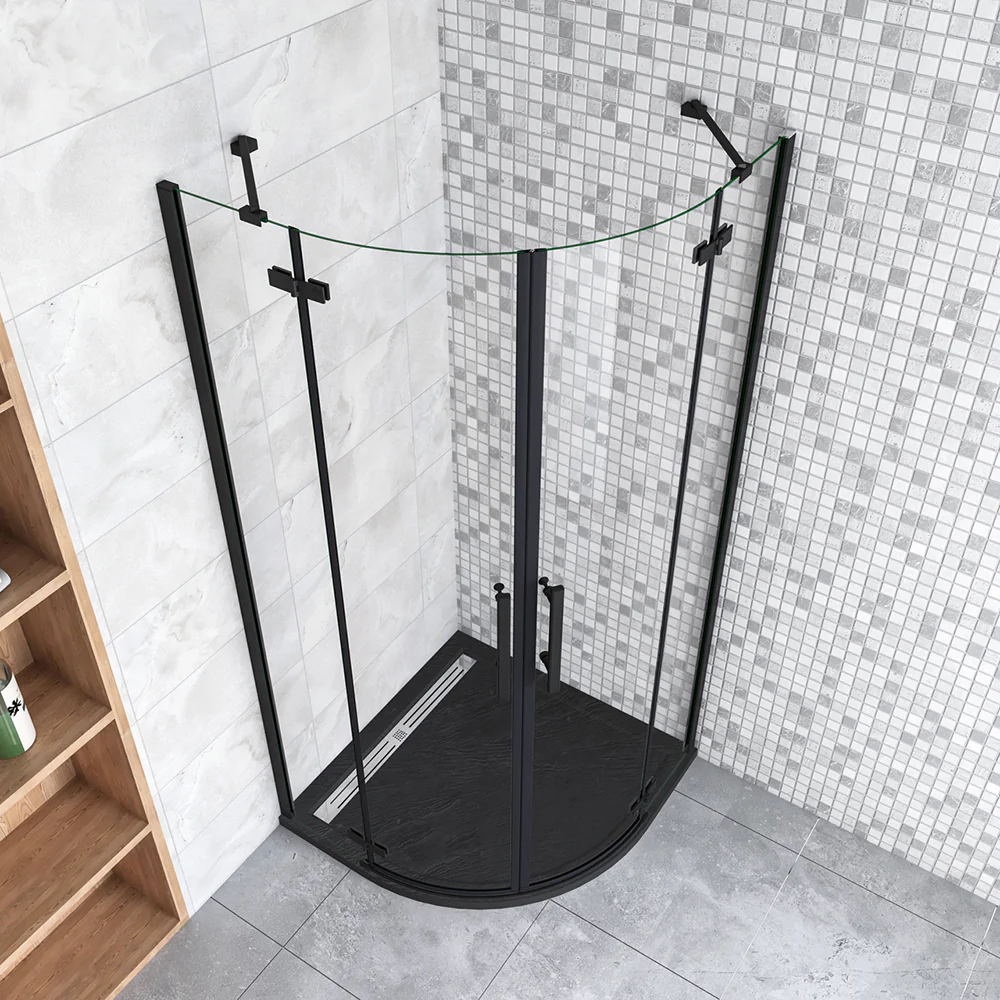 195cm Box Doccia Semicircolare Doppia Porta Battente Vetro 6mm Temperato Trasparente Easyclean, Barra Stabilizzatrice e Telai in Nero Opaco - Image 4