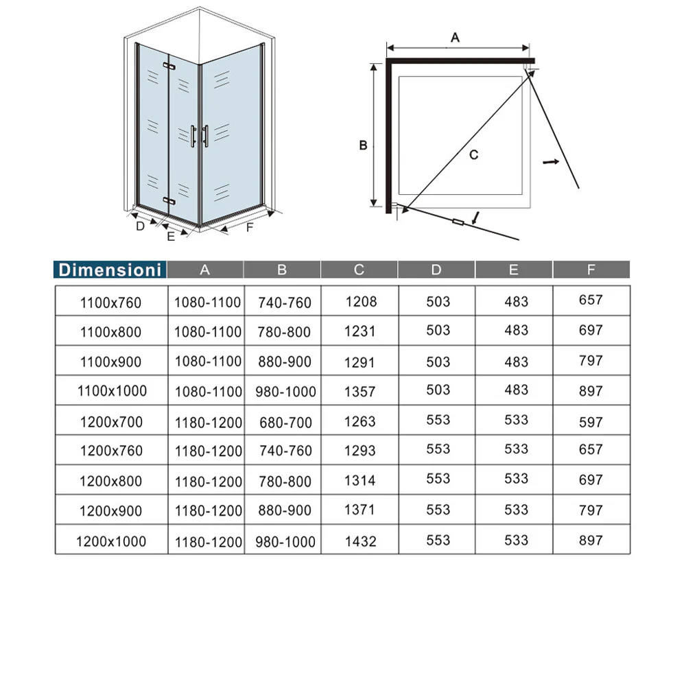 Aica 185/195 cm Box Doccia Angolare Porta Pieghevole pi Porta Battente in Vetro 6mm Temperato Anticalcare Trasparente Telaio Cromo Lucido - Image 10