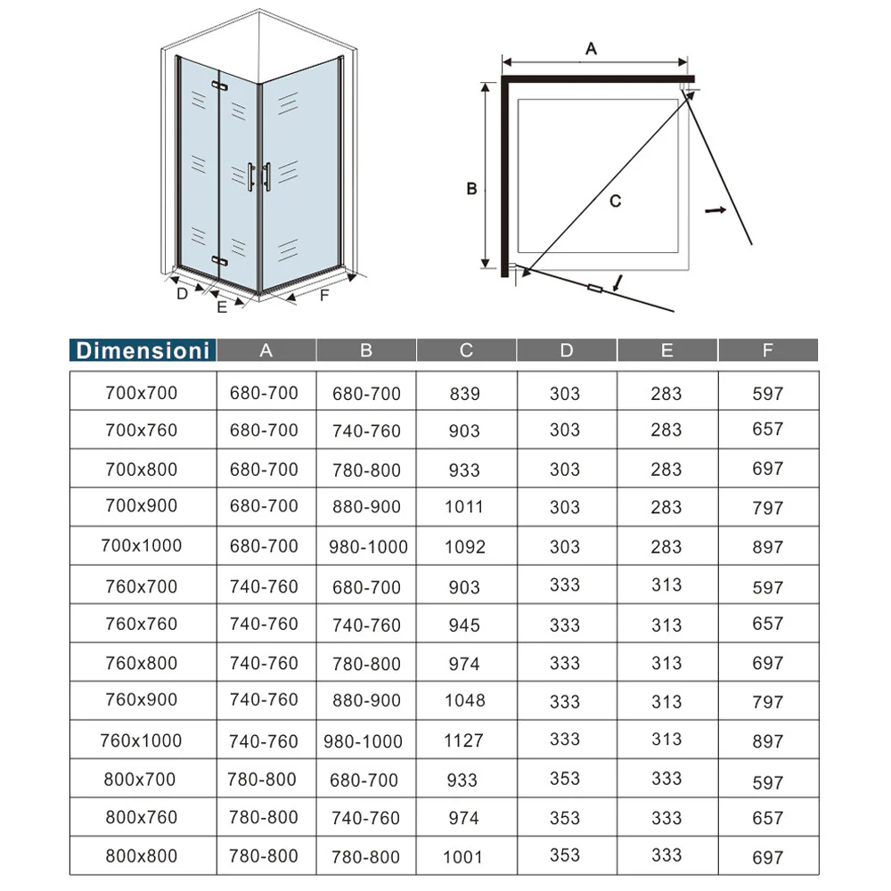 Aica 185/195 cm Box Doccia Angolare Porta Pieghevole pi Porta Battente in Vetro 6mm Temperato Anticalcare Trasparente Telaio Cromo Lucido - Image 8