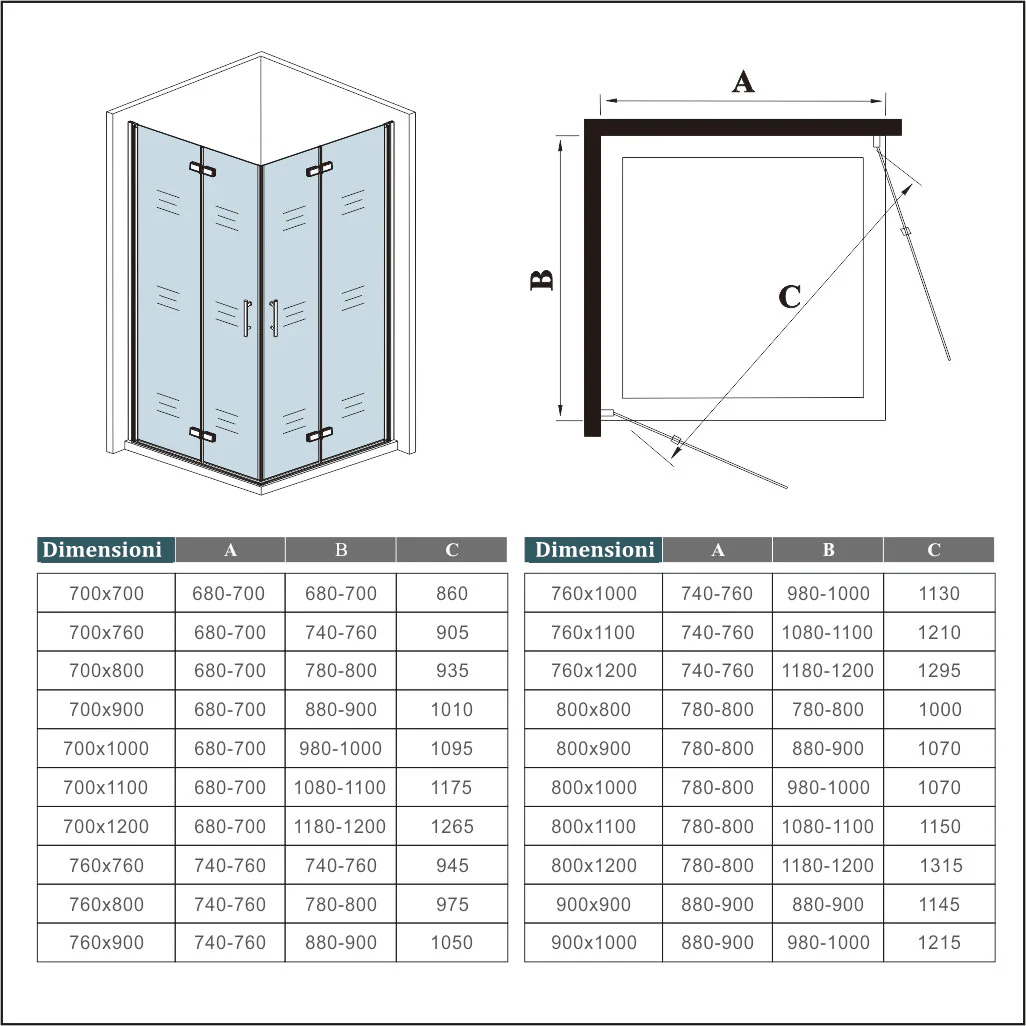Aica 185 cm Box Doccia Angolare Doppia Porta Apertura Battente-Pieghevole Vetro 6 mm Temperato Trasparente Anticalcare - Image 11