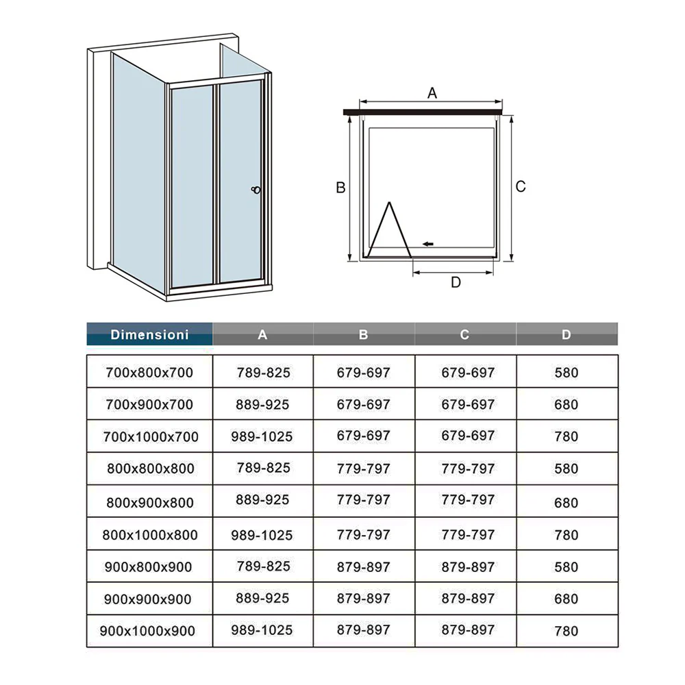 Aica 185 cm Box Doccia Rettangolare a 3 Lati Porta a Soffietto Due Pareti Fisse Vetro Temperato Trasparente varie dimensioni - Image 7