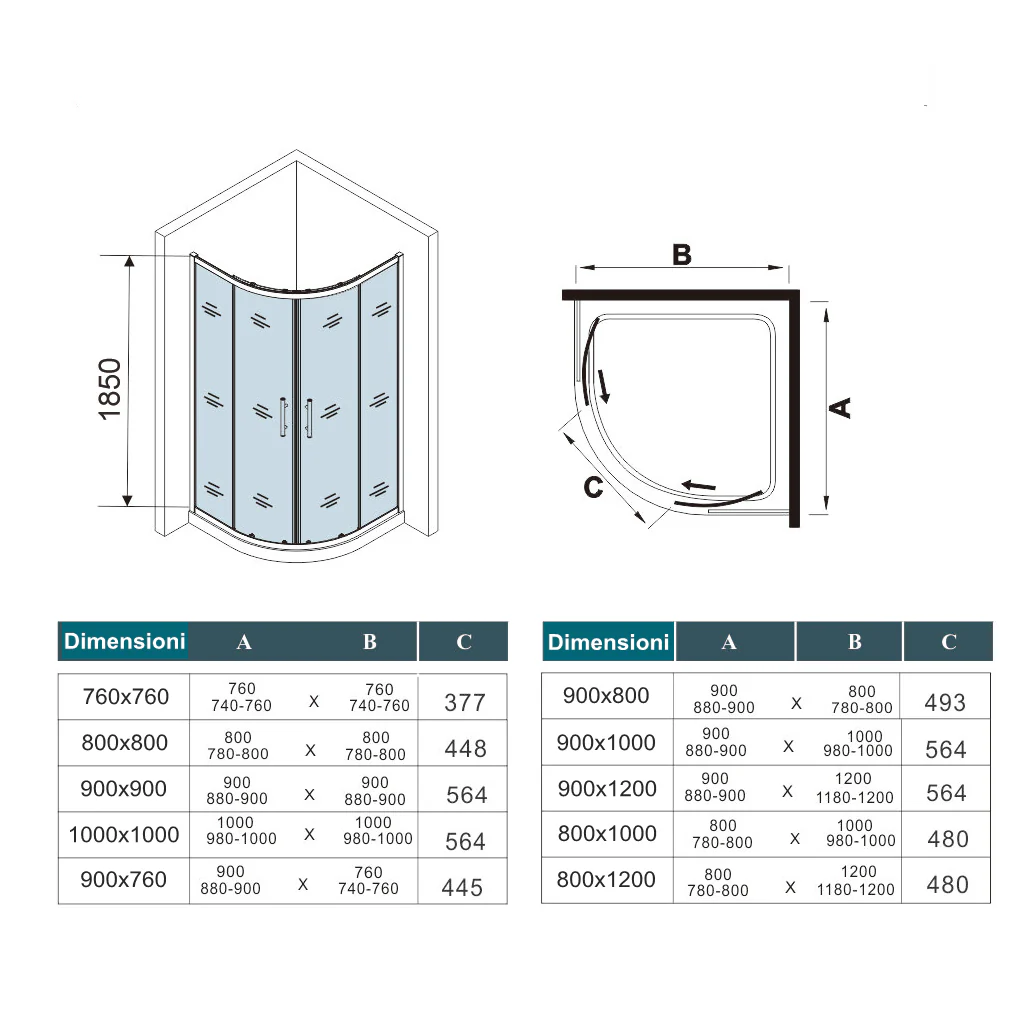 AICA 185 cm Box Doccia Semicircolare Apertura Scorrevole Vetro Temperato 5 mm Trasparente Ingresso Centrale - Image 7