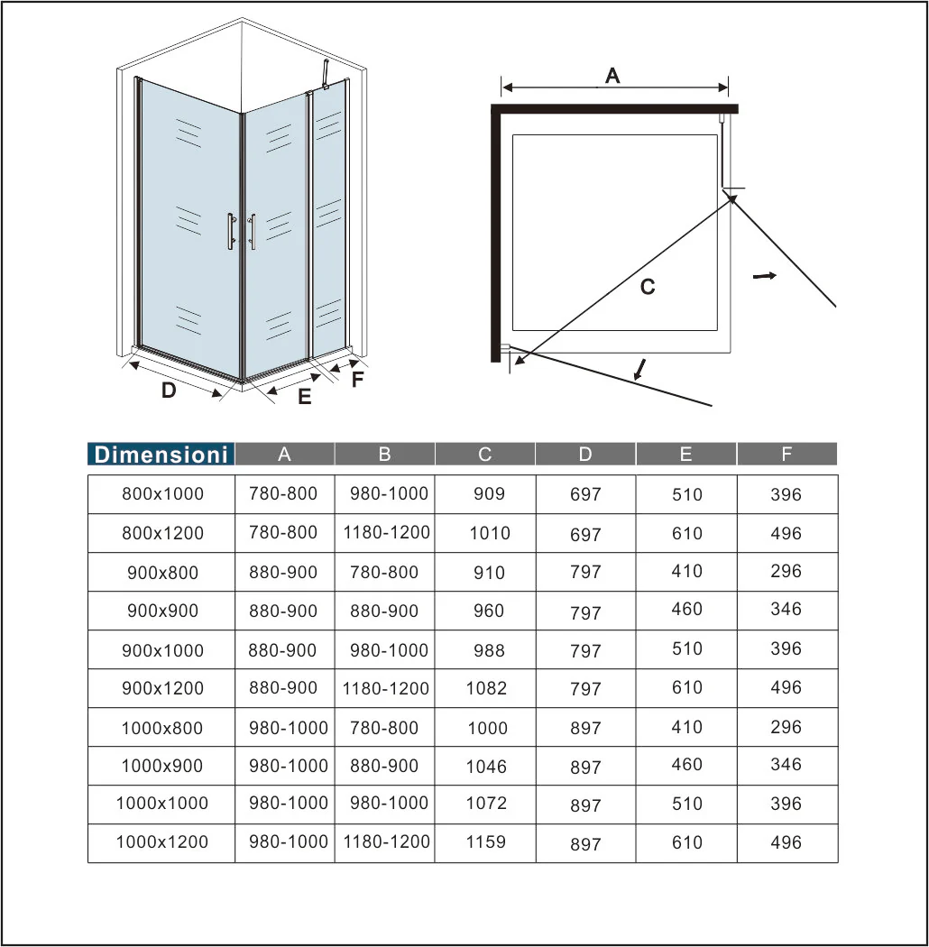 Aica 195 cm Box Doccia Angolare Doppia Porta Battente in Vetro 6 mm Temperato Anticalcare Trasparente Barra Stabilizzatrice e Telaio Cromo Lucido - Image 11