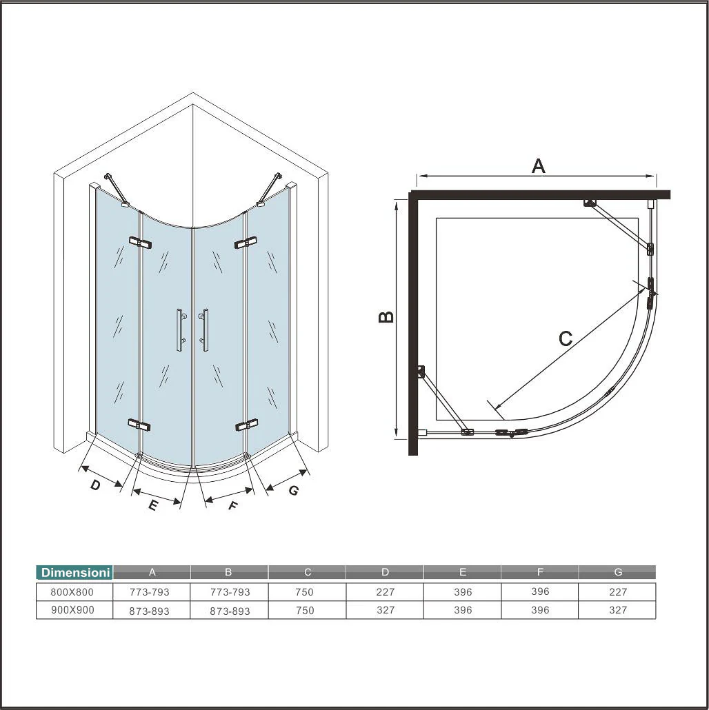 Aica 195 cm Box Doccia Semicircolare Doppia Porta con Cerniere Vetro 6 mm Temperato Trasparente Anticalcare con Barra Stabilizzatrice - Image 6
