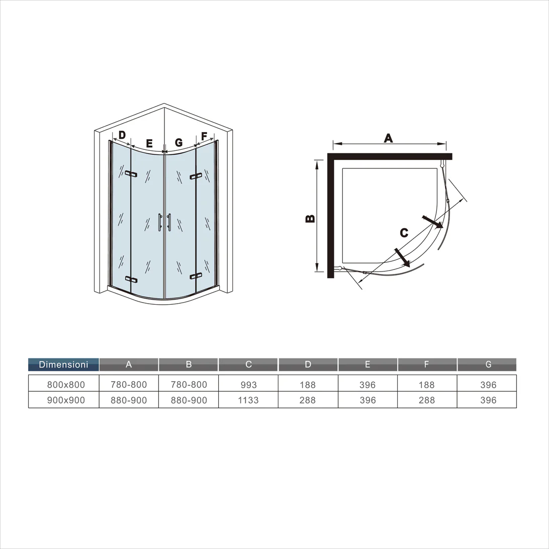 Aica 195 cm Box Doccia Semicircolare Due Porte Battenti Vetro temperato Trasparente Anticalcare 6mm Telaio Cromo Lucido varie dimensioni - Image 6