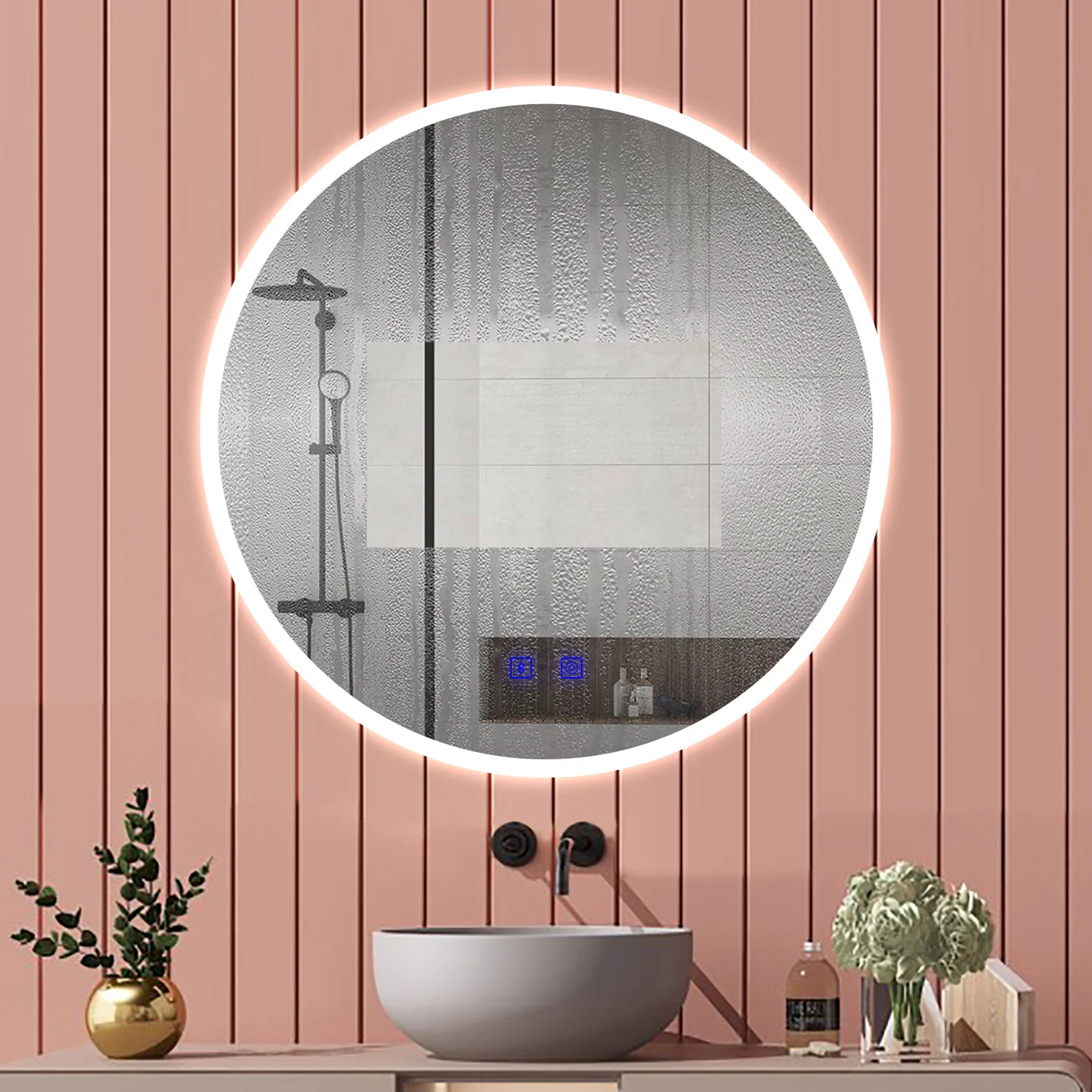 Aica Specchio Bagno Rotondo 70/80cm con LED, Tocco Intelligente, Anti-appannamento, Dimmerabile 3 Colori 3000K-6000K, Altoparlante Bluetooth, IP44 Impermeabile e Antiumidità, Certificazione CE, Retroilluminato - Image 2