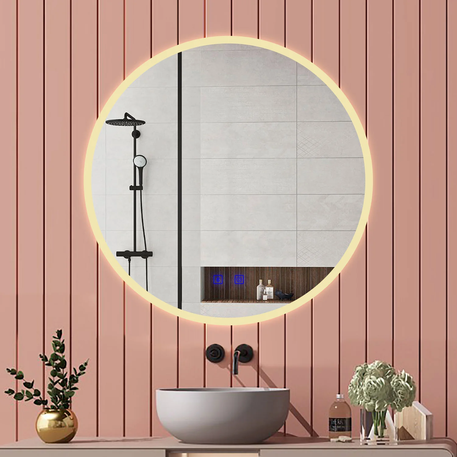 Aica Specchio Bagno Rotondo 70/80cm con LED, Tocco Intelligente, Anti-appannamento, Dimmerabile 3 Colori 3000K-6000K, Altoparlante Bluetooth, IP44 Impermeabile e Antiumidità, Certificazione CE, Retroilluminato - Image 3