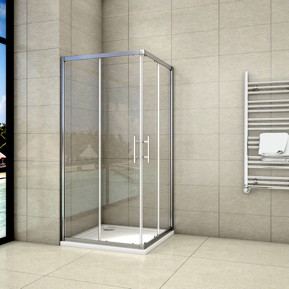 Aica 195 cm Box Doccia Angolare Doppie Porte Scorrevoli In Vetro 6mm Temperato Anticalcare Trasparente e Telaio Cromo Lucido varie dimensioni