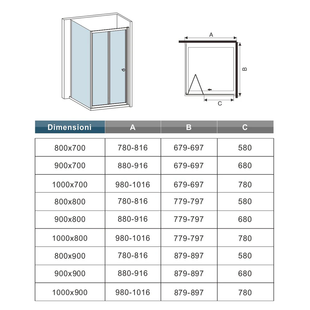 Aica 185 cm Box Docica Angolare Porta Scorrevole a Soffietto Vetro Temperato Trasparente Telaio Cromo Lucido varie dimensioni - Image 10