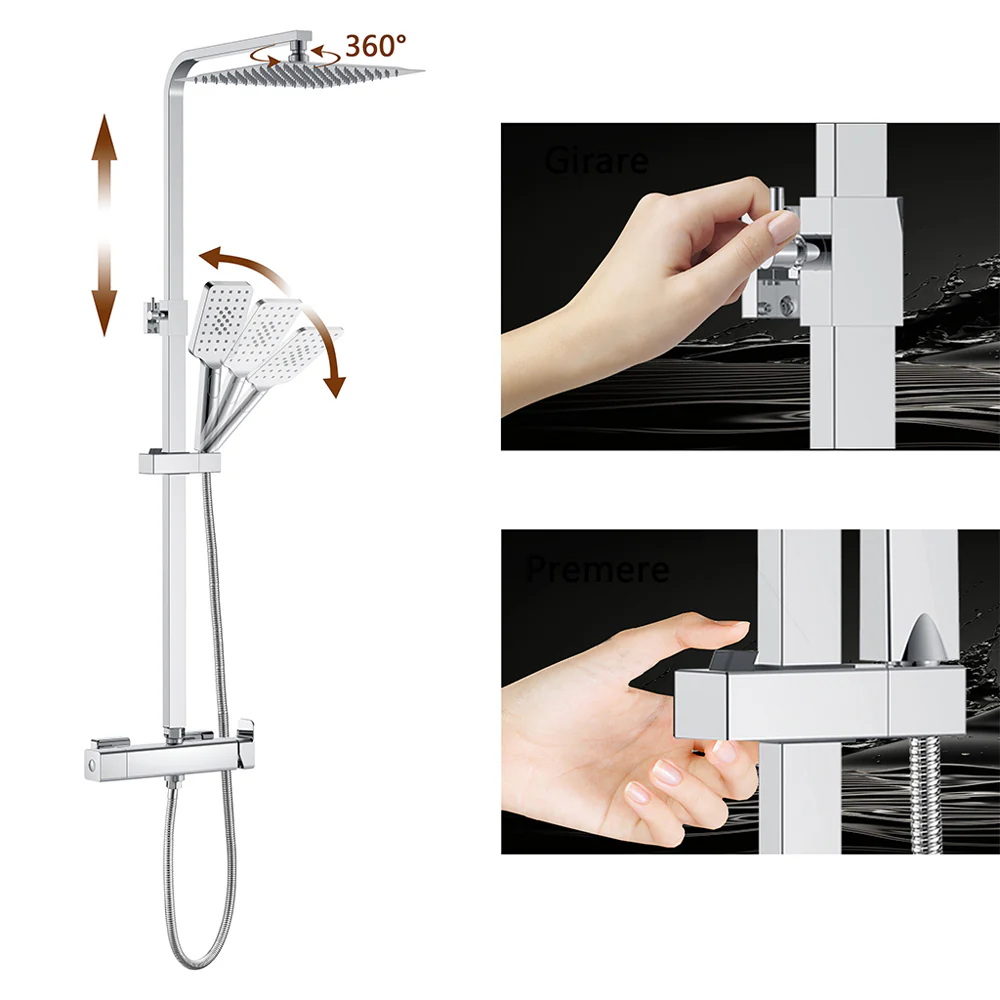 AICA Colonna doccia con miscelatore meccanico, rubinetto doccia 27x4.5cm, soffione doccia quadrato 25x25cm in acciaio inox cromato - Image 7