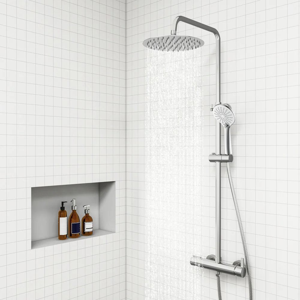 AICA Colonna doccia con miscelatore meccanico, rubinetto doccia 28x4.5cm, soffione doccia rotondo da 25cm in acciaio inox cromato