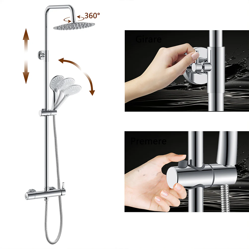 AICA Colonna doccia con miscelatore meccanico, rubinetto doccia 28x4.5cm, soffione doccia rotondo da 25cm in acciaio inox cromato - Image 7
