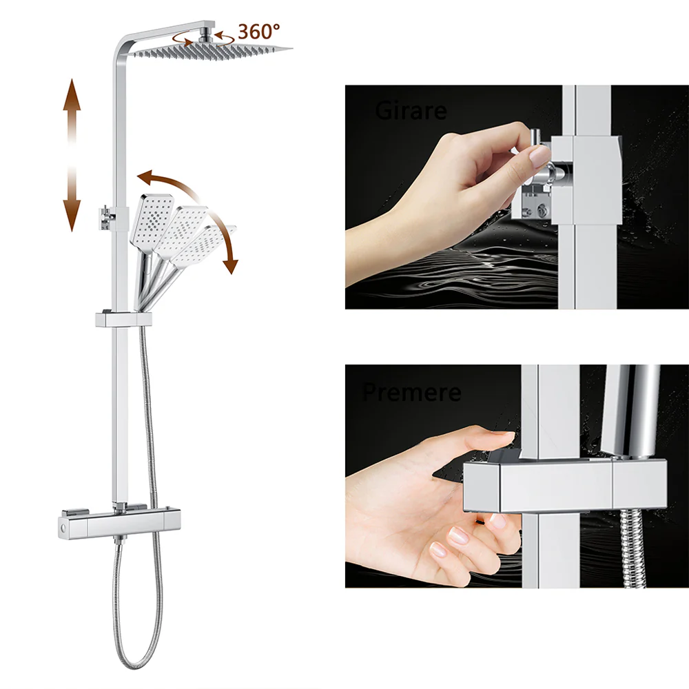 AICA Colonna doccia con miscelatore termostatico, rubinetto doccia 29x4.5cm, soffione doccia quadrato 25x25cm in acciaio inox cromato o Nero opaco - Image 14