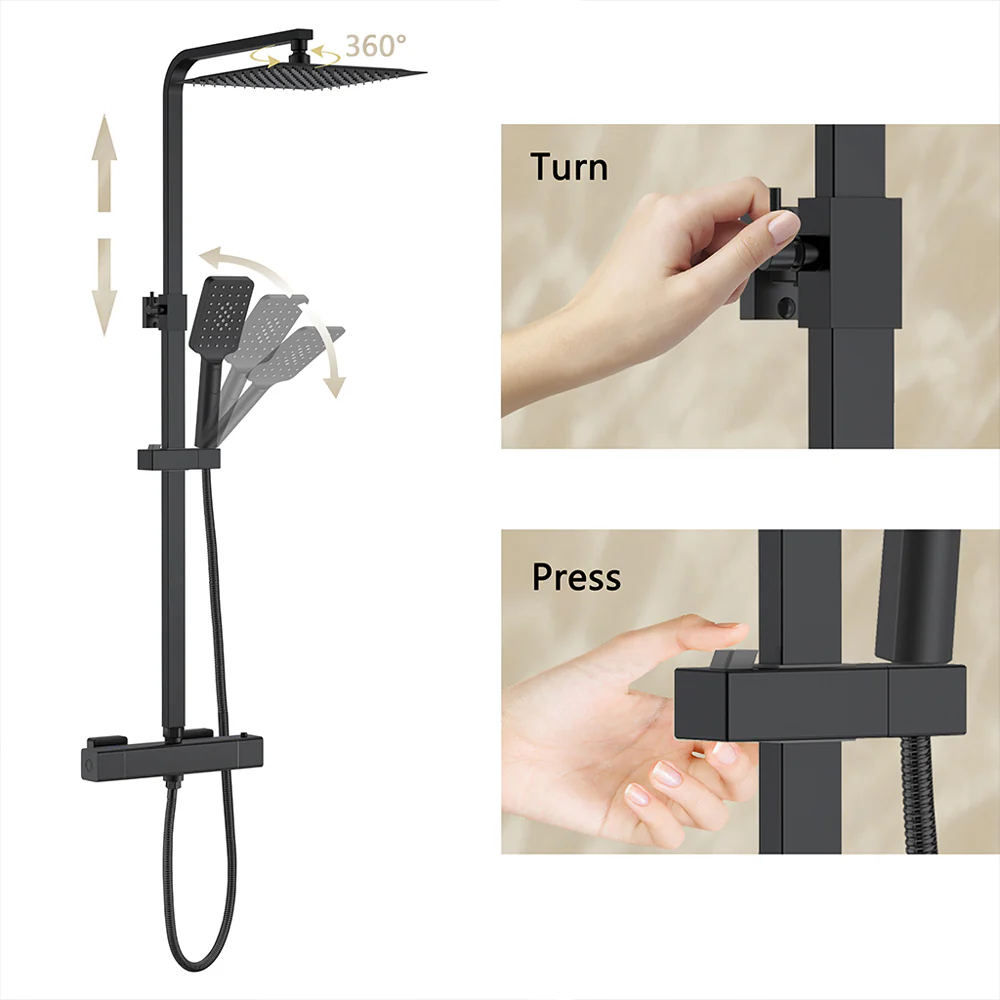 AICA Colonna doccia con miscelatore termostatico, rubinetto doccia 29x4.5cm, soffione doccia quadrato 25x25cm in acciaio inox cromato o Nero opaco - Image 5