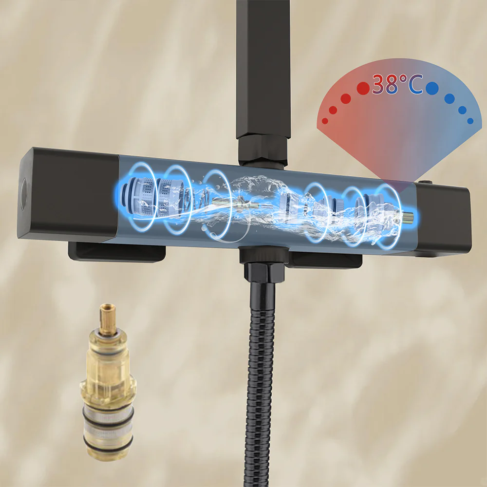 AICA Colonna doccia con miscelatore termostatico, rubinetto doccia 29x4.5cm, soffione doccia quadrato 25x25cm in acciaio inox cromato o Nero opaco - Image 6