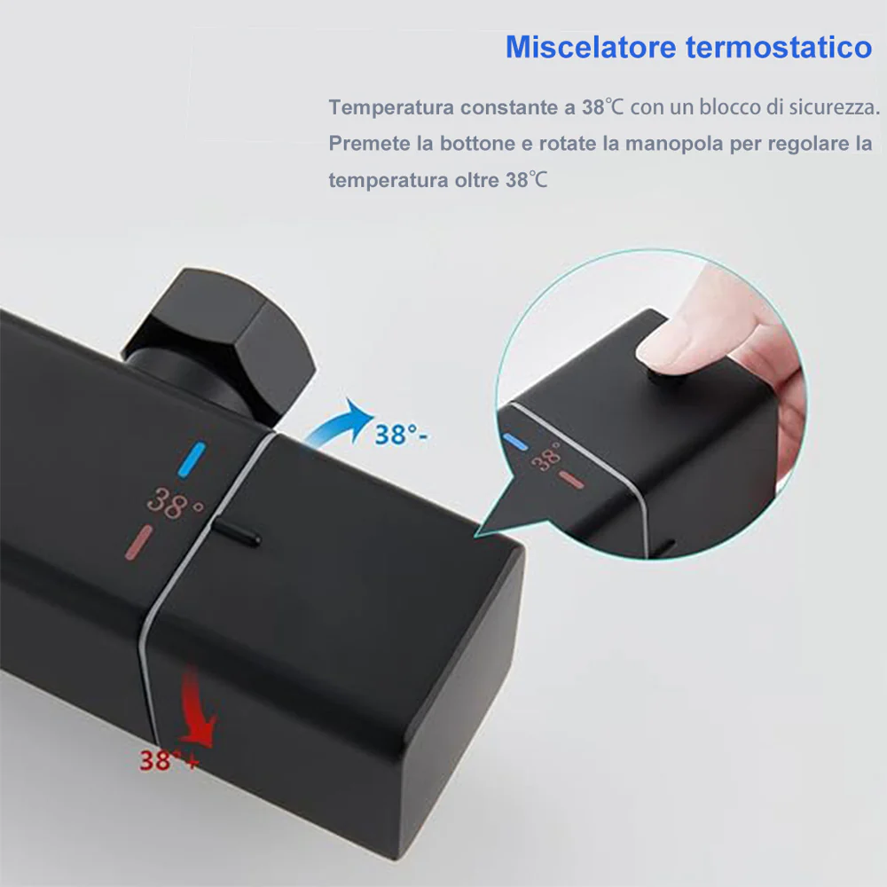 AICA Colonna Doccia con Miscelatore Termostatico, Rubinetto Doccia 300x45mm, Soffione Doccia Quadrato in Acciaio Inox 25x25cm, Altezza Regolabile, Set Doccia Completo, Nero opaco / Cromato - Image 10