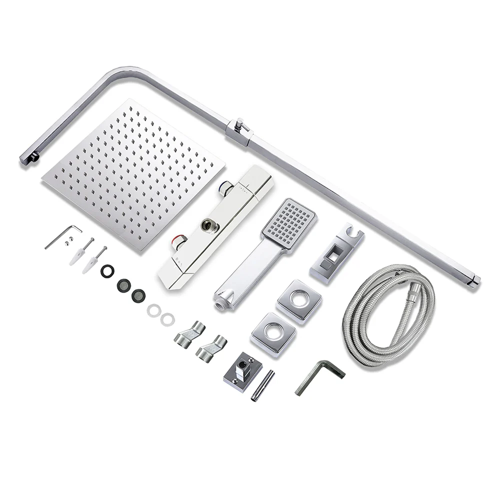AICA Colonna Doccia con Miscelatore Termostatico, Rubinetto Doccia 300x45mm, Soffione Doccia Quadrato in Acciaio Inox 25x25cm, Altezza Regolabile, Set Doccia Completo, Nero opaco / Cromato - Image 12