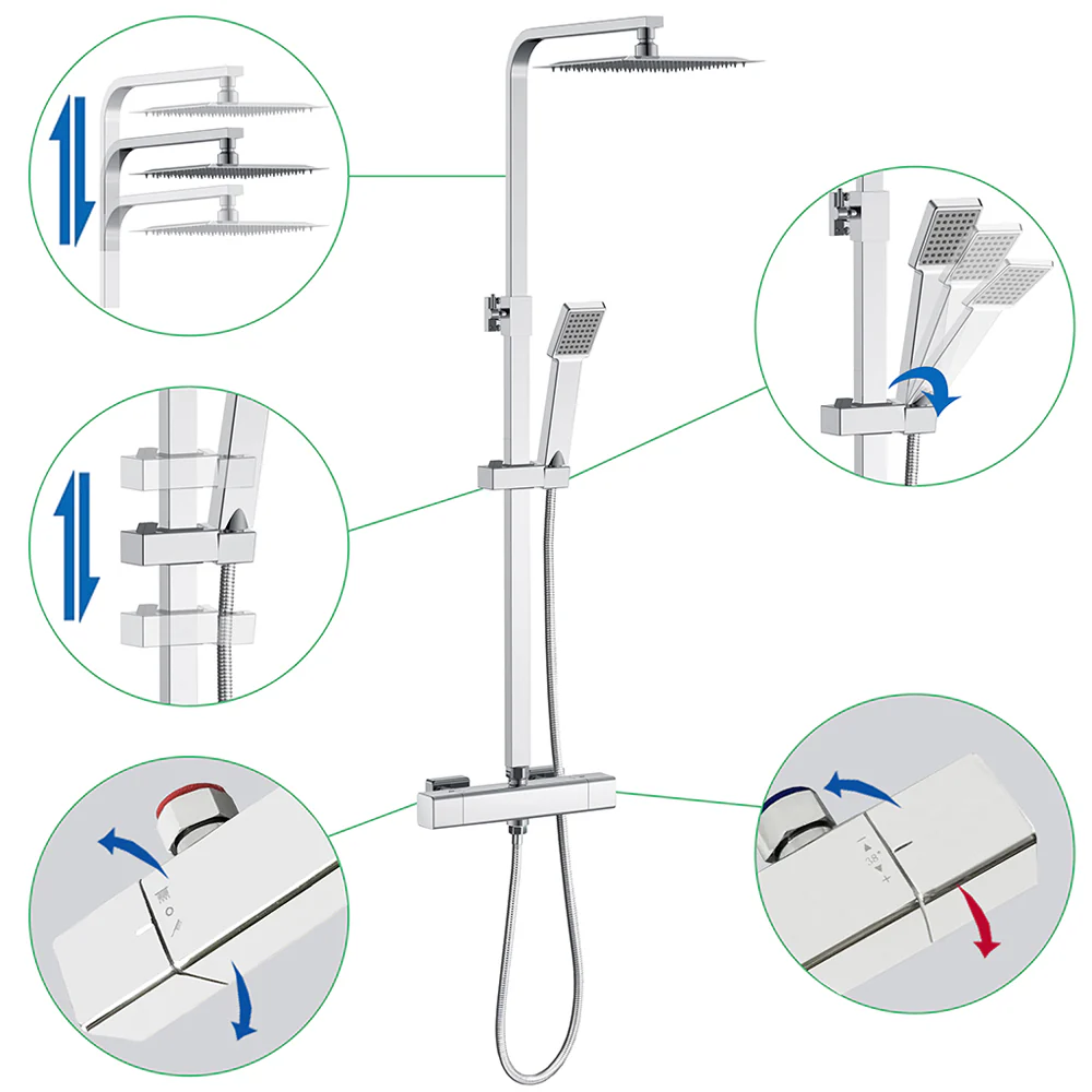 AICA Colonna Doccia con Miscelatore Termostatico, Rubinetto Doccia 300x45mm, Soffione Doccia Quadrato in Acciaio Inox 25x25cm, Altezza Regolabile, Set Doccia Completo, Nero opaco / Cromato - Image 15