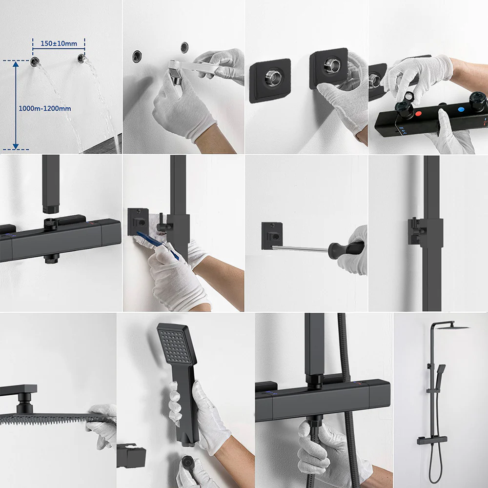 AICA Colonna Doccia con Miscelatore Termostatico, Rubinetto Doccia 300x45mm, Soffione Doccia Quadrato in Acciaio Inox 25x25cm, Altezza Regolabile, Set Doccia Completo, Nero opaco / Cromato - Image 16