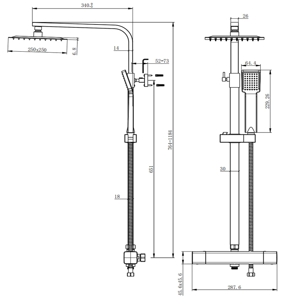 AICA Colonna Doccia con Miscelatore Termostatico, Rubinetto Doccia 300x45mm, Soffione Doccia Quadrato in Acciaio Inox 25x25cm, Altezza Regolabile, Set Doccia Completo, Nero opaco / Cromato - Image 4