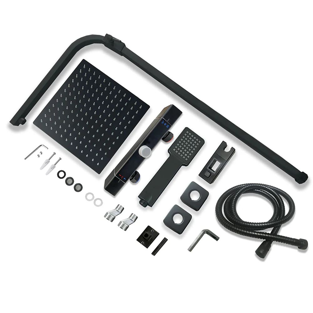 AICA Colonna Doccia con Miscelatore Termostatico, Rubinetto Doccia 300x45mm, Soffione Doccia Quadrato in Acciaio Inox 25x25cm, Altezza Regolabile, Set Doccia Completo, Nero opaco / Cromato - Image 5
