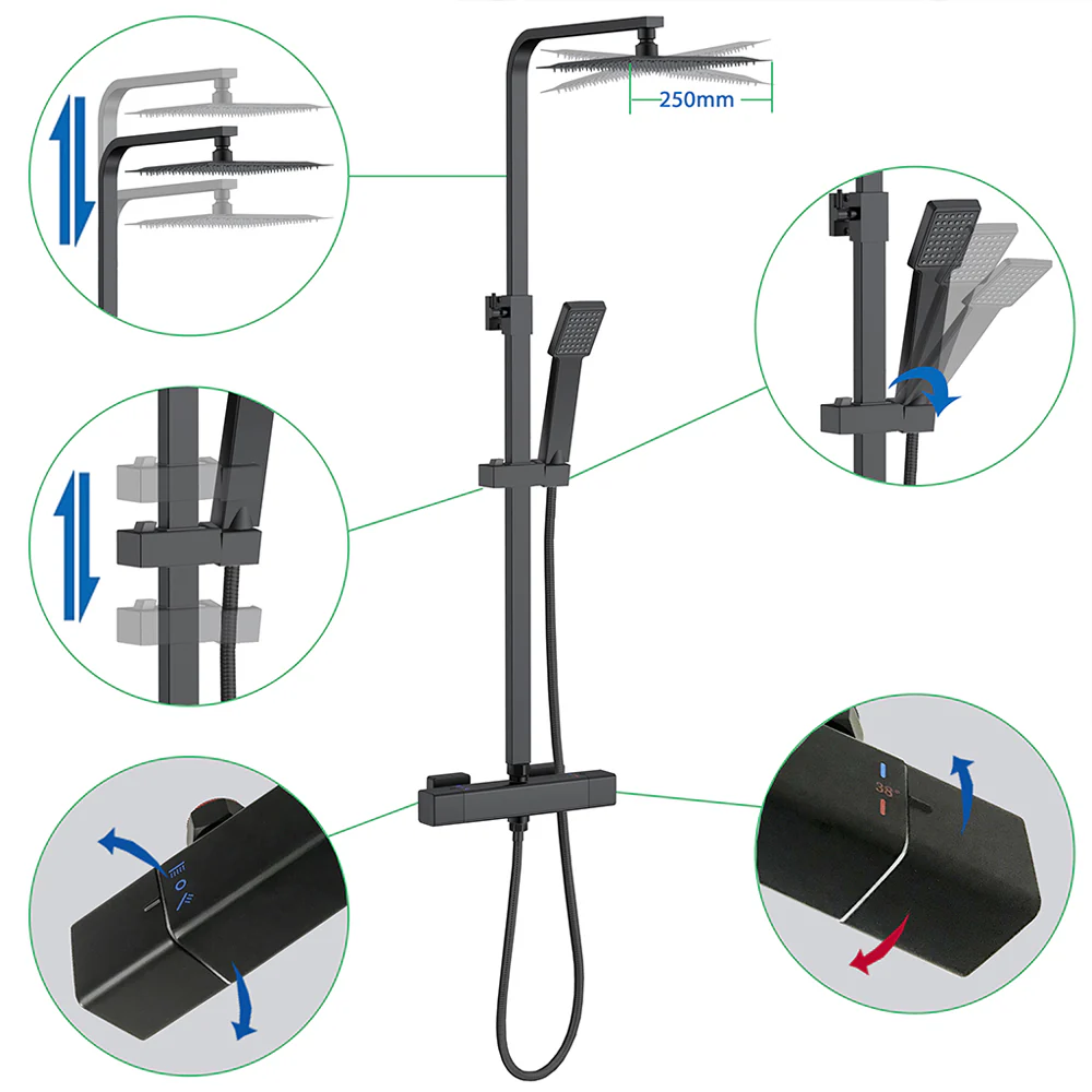 AICA Colonna Doccia con Miscelatore Termostatico, Rubinetto Doccia 300x45mm, Soffione Doccia Quadrato in Acciaio Inox 25x25cm, Altezza Regolabile, Set Doccia Completo, Nero opaco / Cromato - Image 8