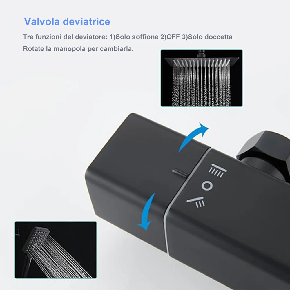 AICA Colonna Doccia con Miscelatore Termostatico, Rubinetto Doccia 300x45mm, Soffione Doccia Quadrato in Acciaio Inox 25x25cm, Altezza Regolabile, Set Doccia Completo, Nero opaco / Cromato - Image 9
