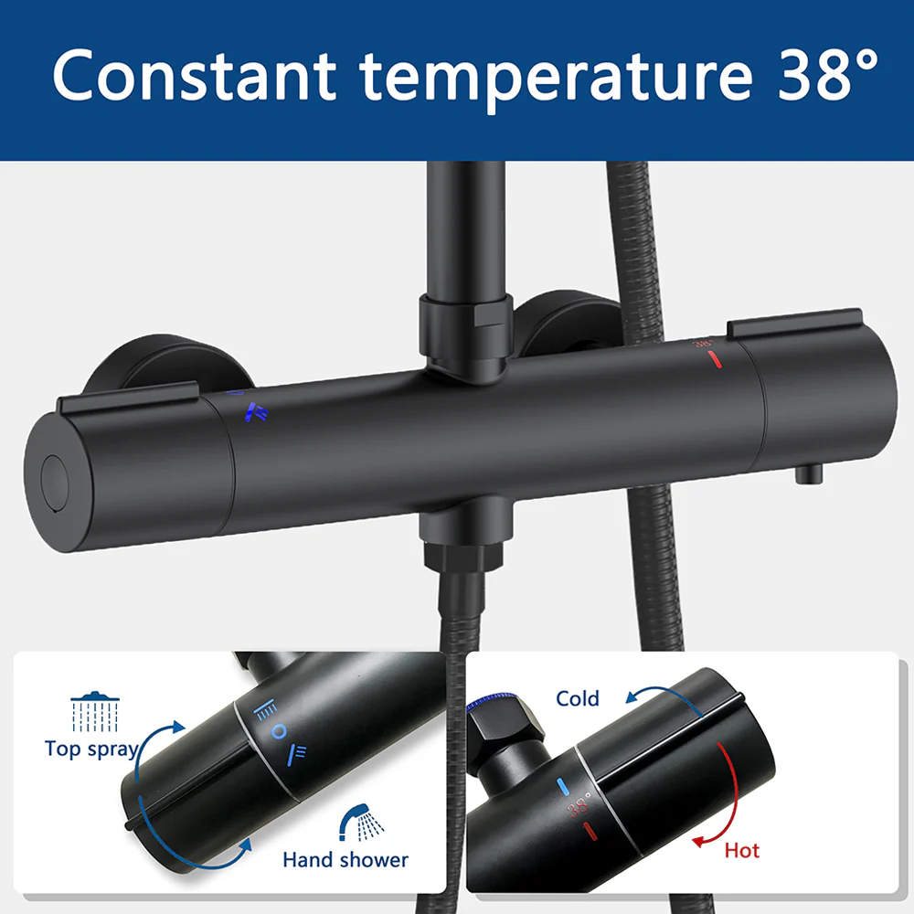 AICA Colonna Doccia con Miscelatore Termostatico, Rubinetto Doccia 300x45mm, Soffione Doccia Tondo in Acciaio Inox 25cm, Altezza Regolabile, Set Doccia Completo, Cromato o Nero opaco - Image 12