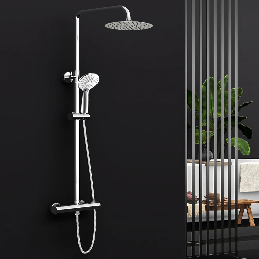 AICA Colonna Doccia con Miscelatore Termostatico, Rubinetto Doccia 300x45mm, Soffione Doccia Tondo in Acciaio Inox 25cm, Altezza Regolabile, Set Doccia Completo, Cromato o Nero opaco - Image 3