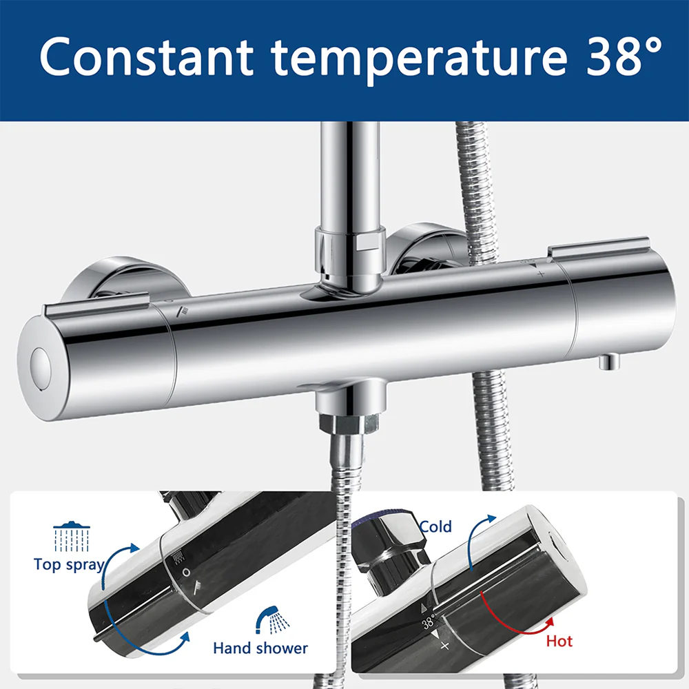 AICA Colonna Doccia con Miscelatore Termostatico, Rubinetto Doccia 300x45mm, Soffione Doccia Tondo in Acciaio Inox 25cm, Altezza Regolabile, Set Doccia Completo, Cromato o Nero opaco - Image 8