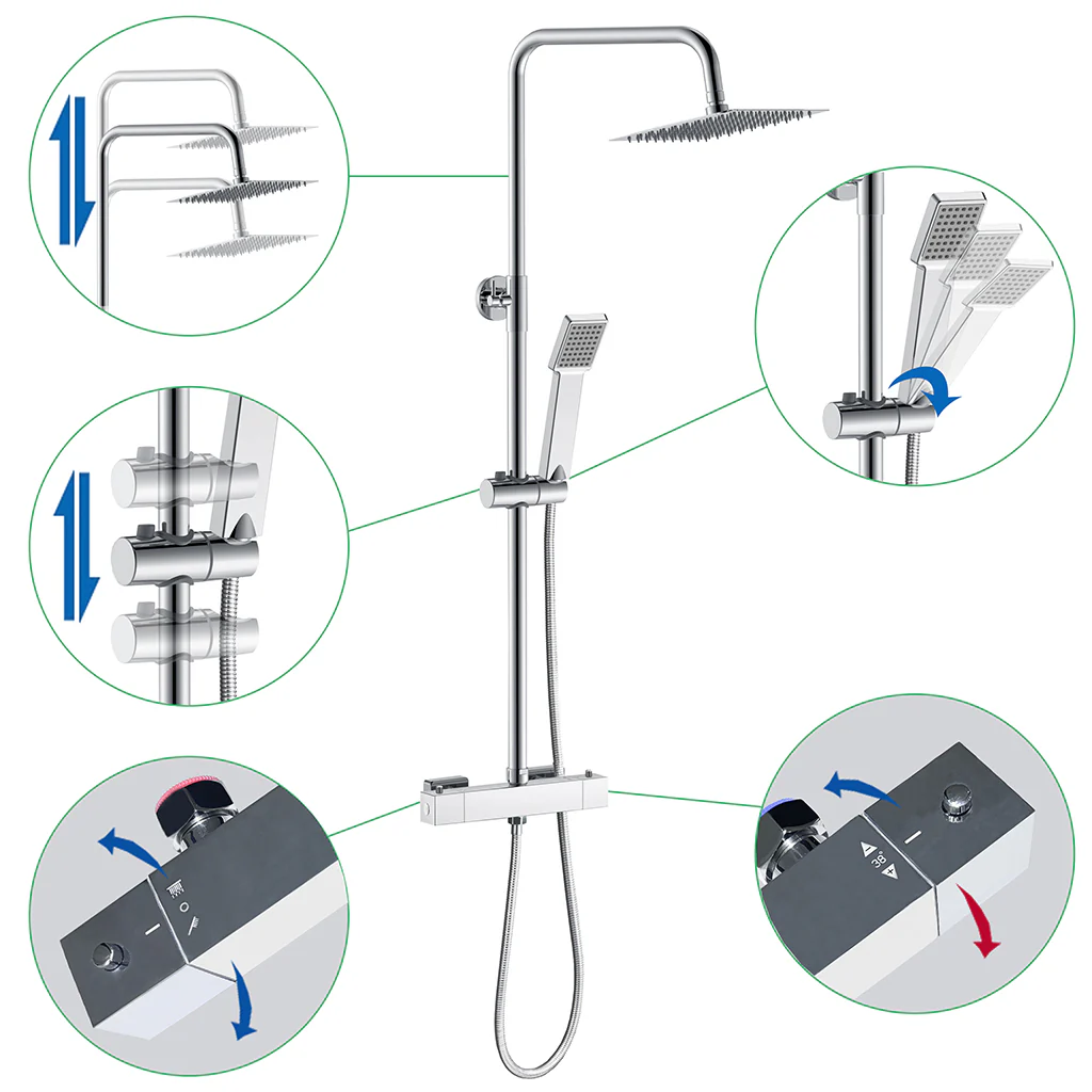 AICA Colonna Doccia con Miscelatore Termostatico, Rubinetto Doccia, Soffione Doccia Quadrato in Acciaio Inox, Altezza Regolabile, Set Doccia Completo, Matt Black / Cromato - Image 4
