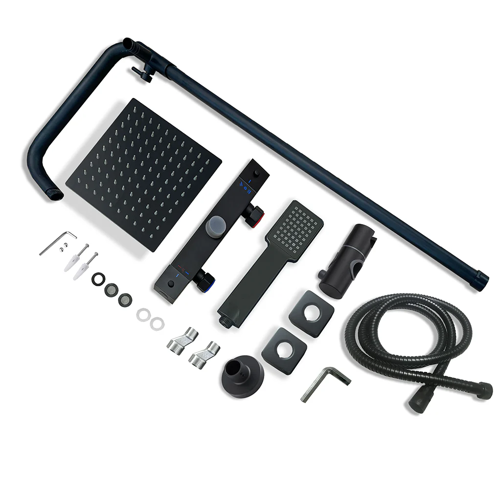 AICA Colonna Doccia con Miscelatore Termostatico, Rubinetto Doccia, Soffione Doccia Quadrato in Acciaio Inox, Altezza Regolabile, Set Doccia Completo, Matt Black / Cromato - Image 7
