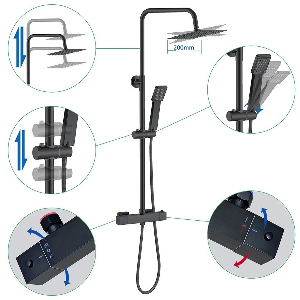 AICA Colonna Doccia con Miscelatore Termostatico, Rubinetto Doccia, Soffione Doccia Quadrato in Acciaio Inox, Altezza Regolabile, Set Doccia Completo, Matt Black / Cromato - Image 8