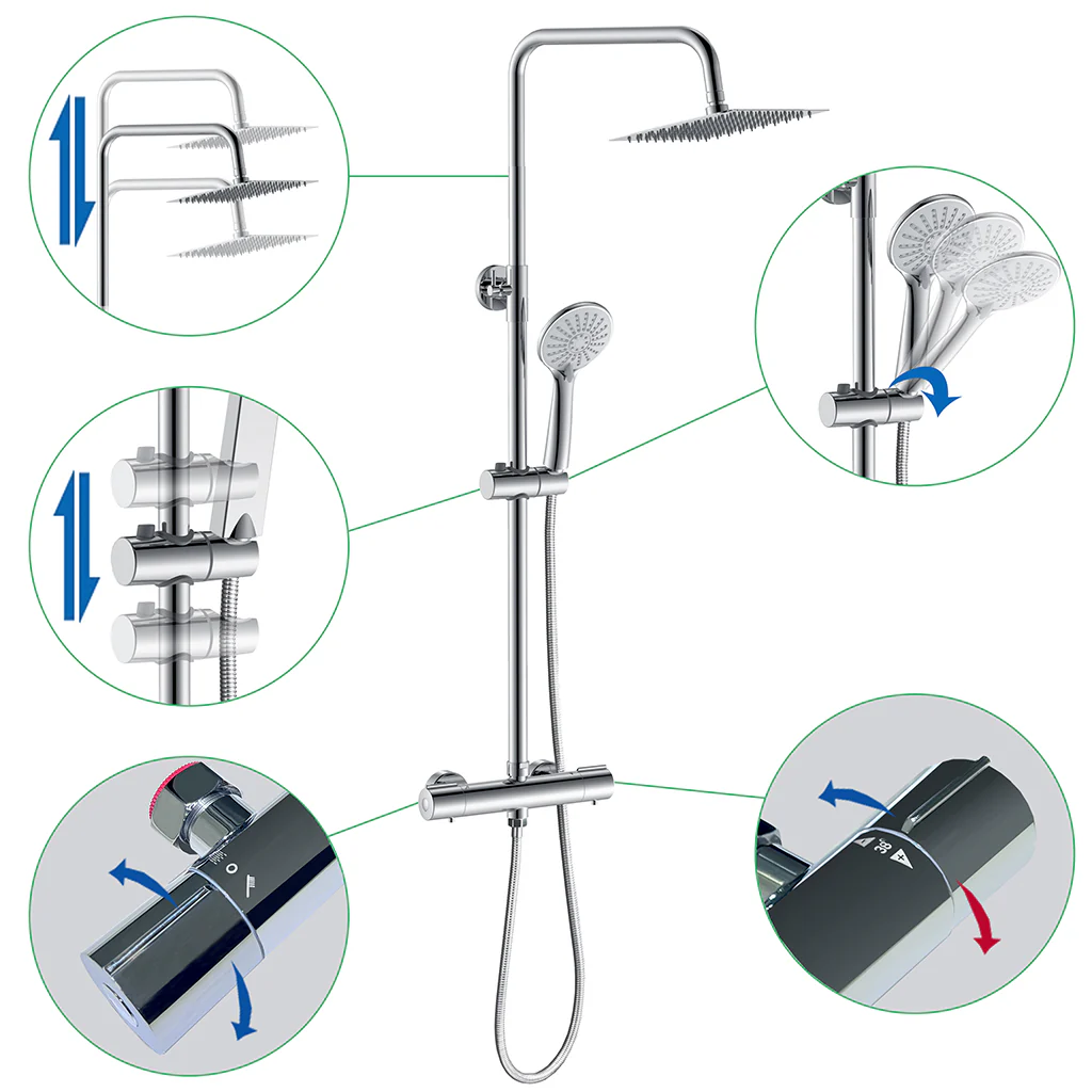 AICA Colonna Doccia con Miscelatore Termostatico, Set Doccia Completo, Rubinetto Doccia, Soffione Doccia Quadrato in Acciaio Inox, Altezza Regolabile, Matt Black / Cromato - Image 4