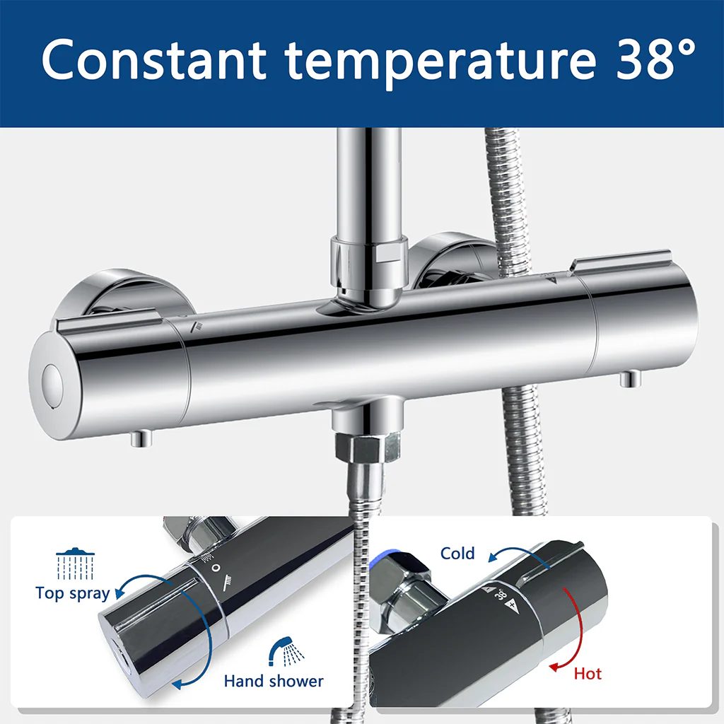 AICA Colonna Doccia con Miscelatore Termostatico, Set Doccia Completo, Rubinetto Doccia, Soffione Doccia Quadrato in Acciaio Inox, Altezza Regolabile, Matt Black / Cromato - Image 5